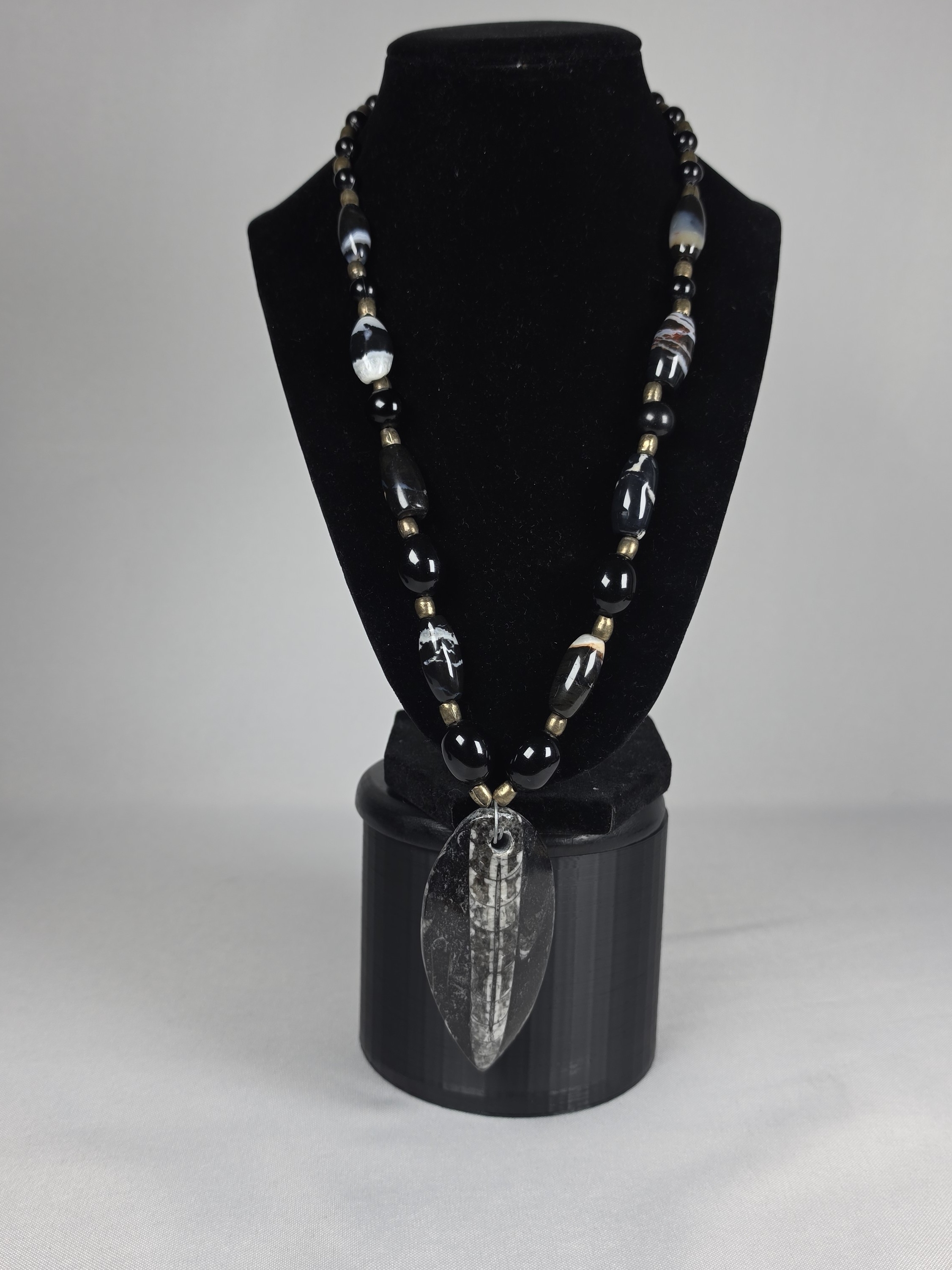 Fossil Necklace Orthoceras Black Onyx Agate Statement Jewelry Natural History